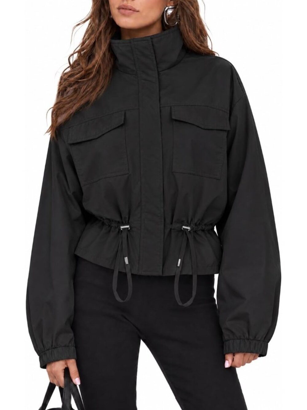 Women's Black Cropped Jacket Zip Up Lightweight Oversized Utility Anorak Jacket